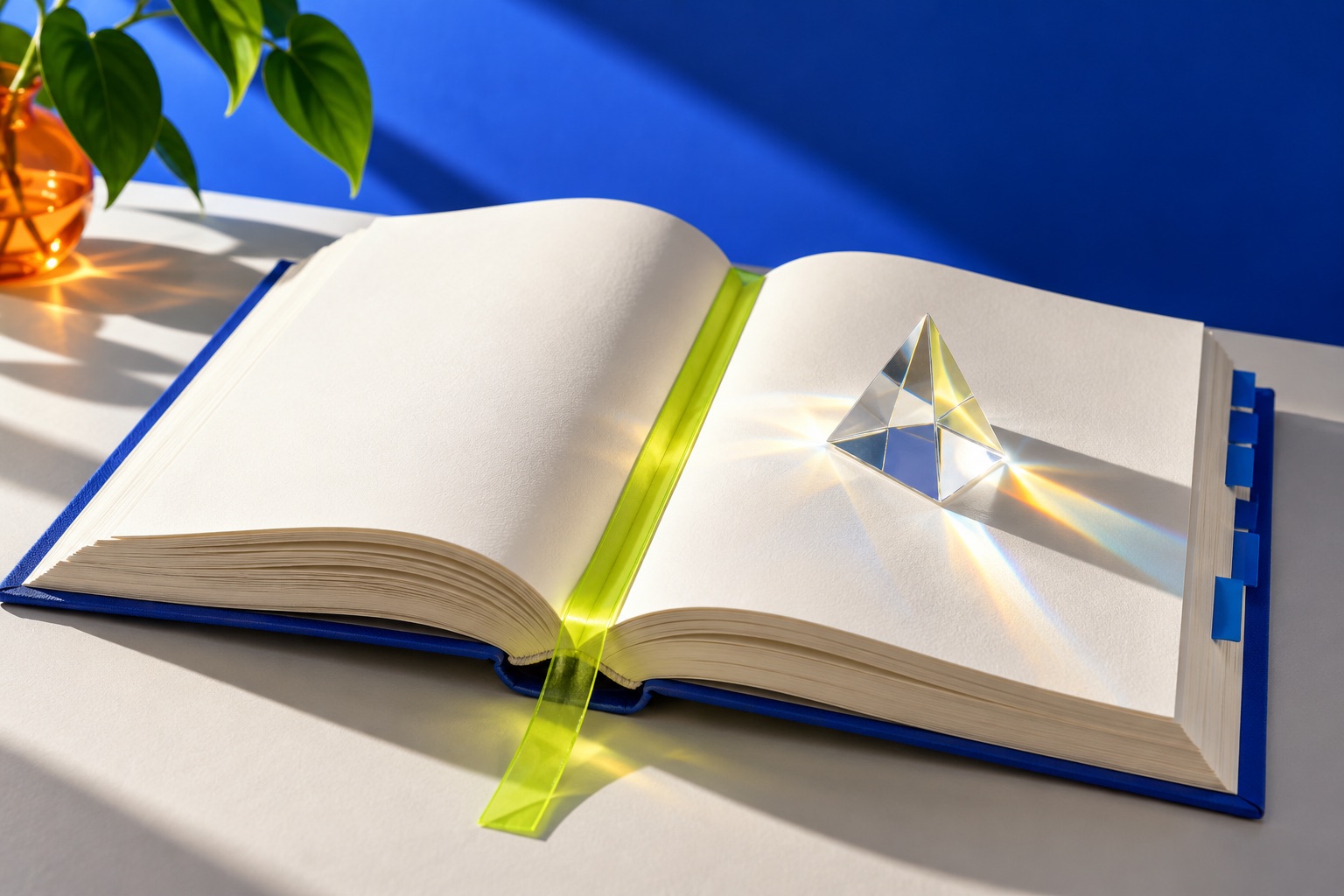 ภาพหนังสืออ้างอิงเปิดหน้าเปล่า ที่คั่นสีไลม์ และปริซึมแก้ว